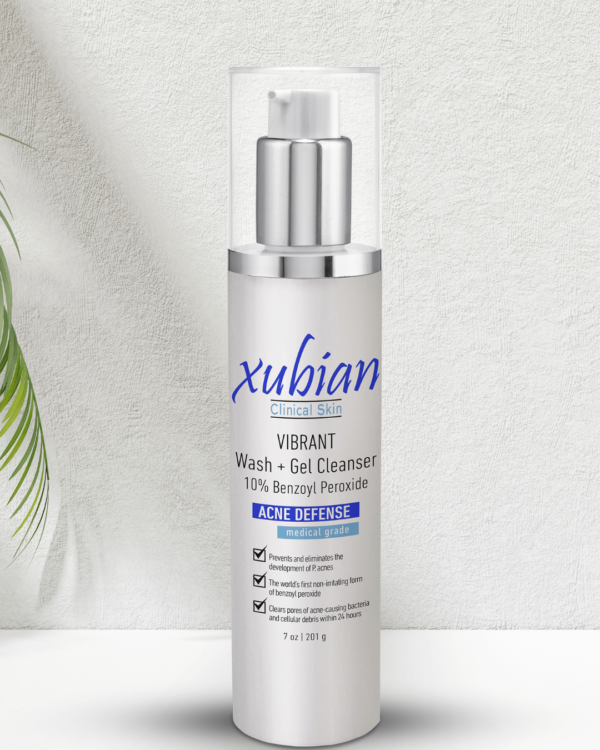 a photo showing a bottle of Xubian wellness and acne treatment center's clinically proven, non-irritating gel acne cleanser - facial wash
