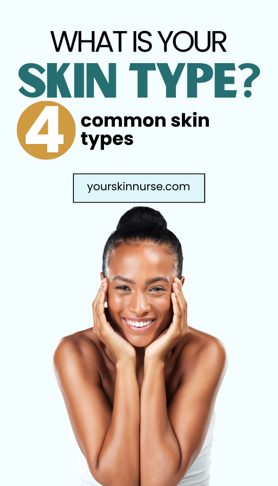 Black skinned woman smiling with both hands on her chin, and a text overlay reading: what is your skin type