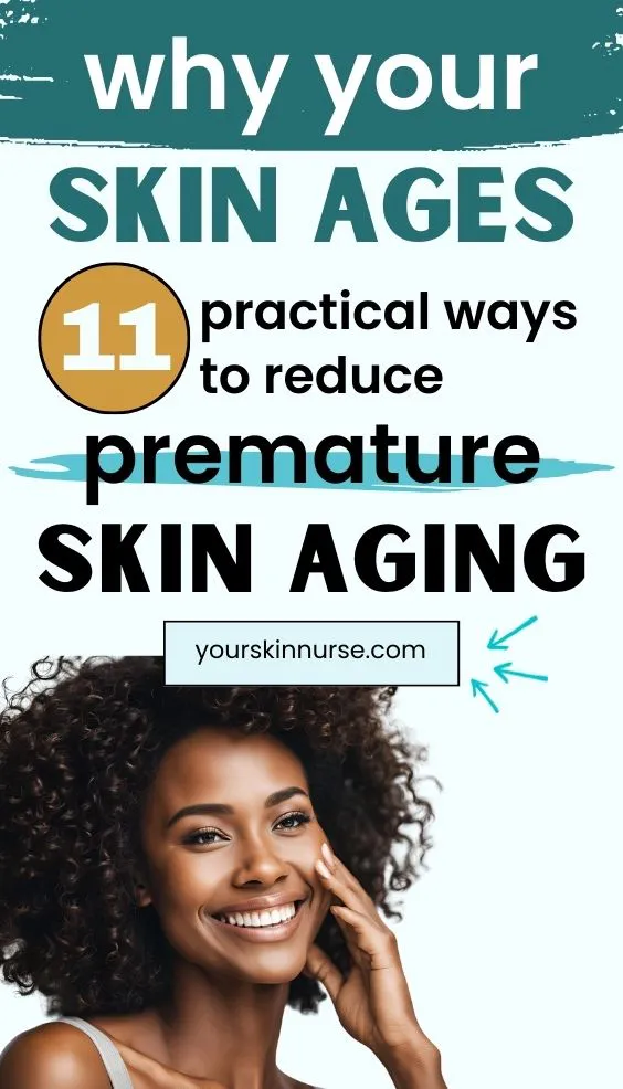 a Pinterest pin featuring a beautiful black woman touching her skin, looking younger, with the text overlay: "why your skin ages and practical ways to reduce premature skin aging"