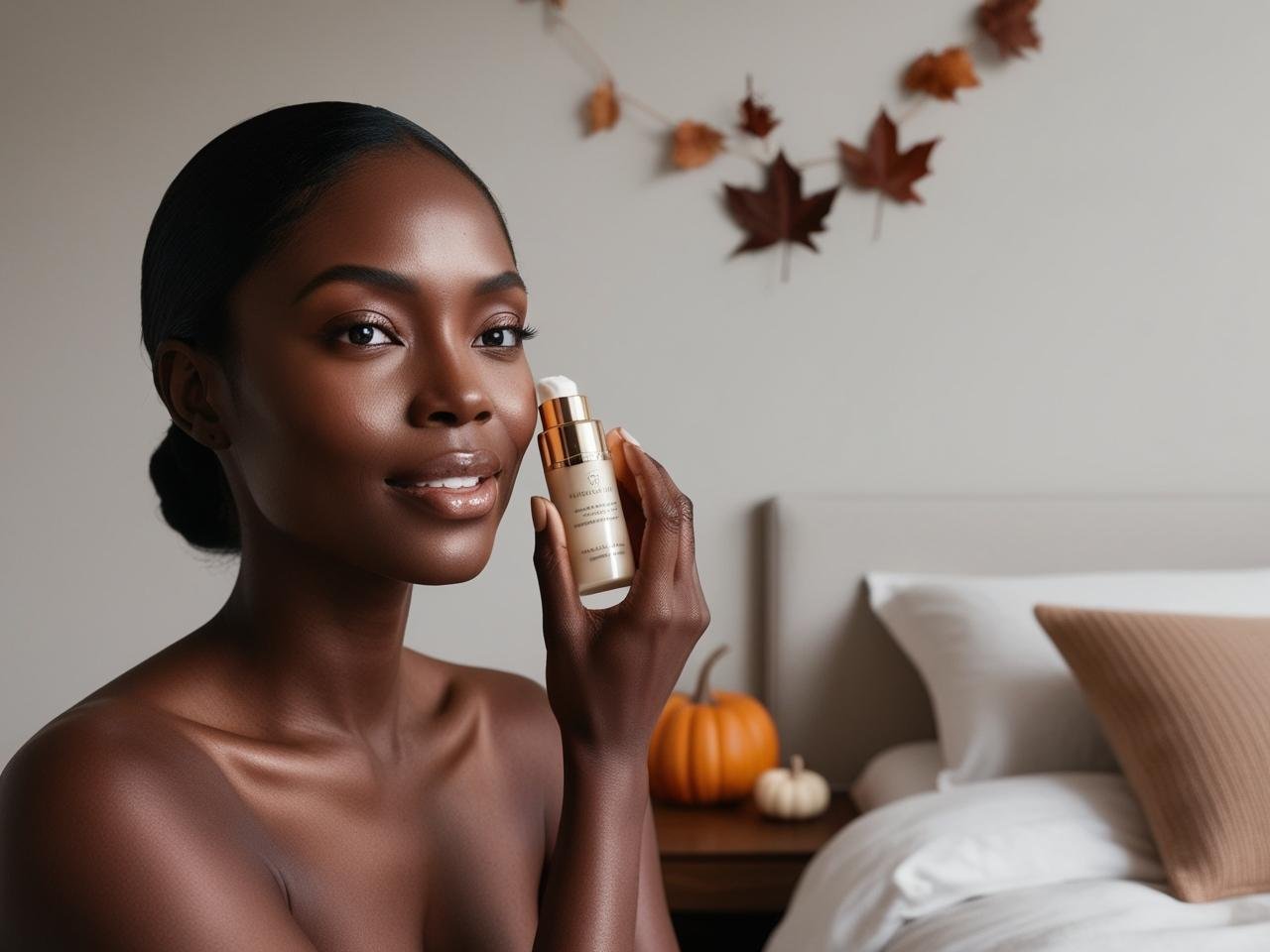 beautiful black woman with a radiant glowing skin, applying a skincare product to her face. The background is a minimal bedroom with minimal fall decor