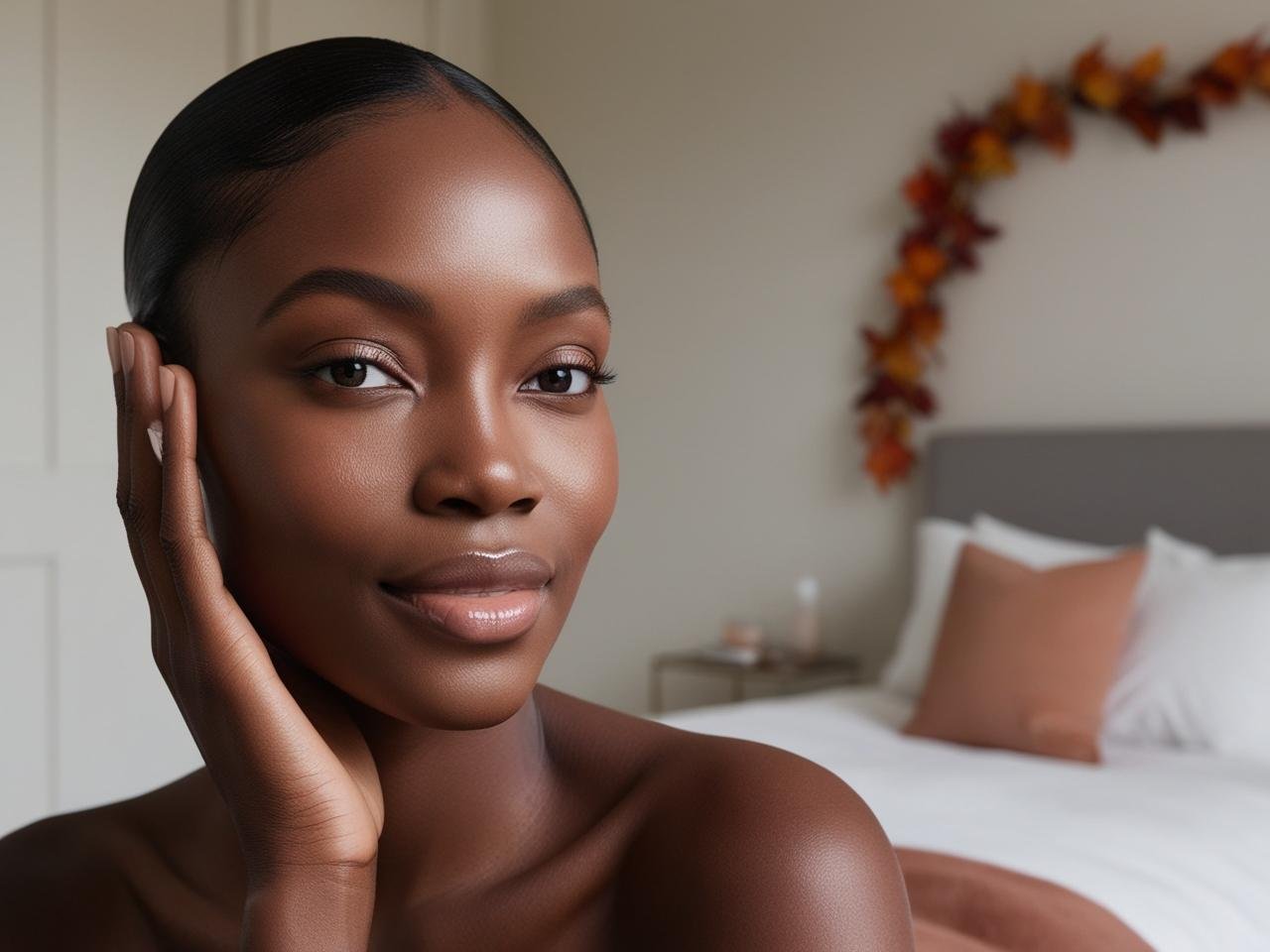 how to transition your skincare for fall - black woman sitting in her bedroom with fall decor