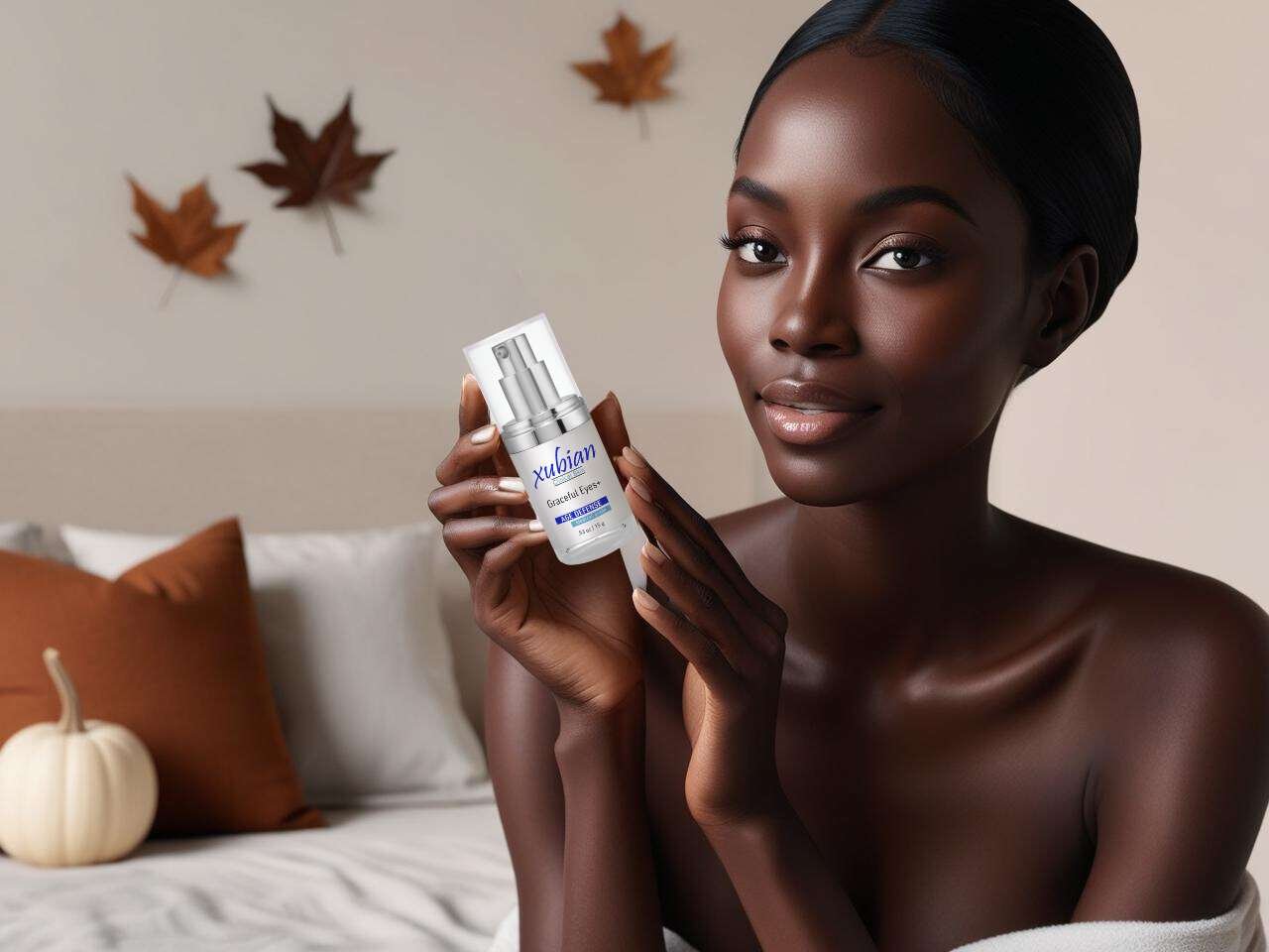 picture of a black woman with glowing and radiant skin holding Xubian acne skincare products. fall skincare tips