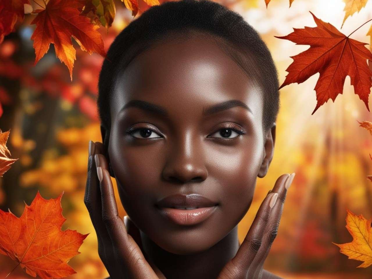 skincare tips for fall- photo of a black woman with glowing and radiant skin, touching her face with her hands with fall leaves background